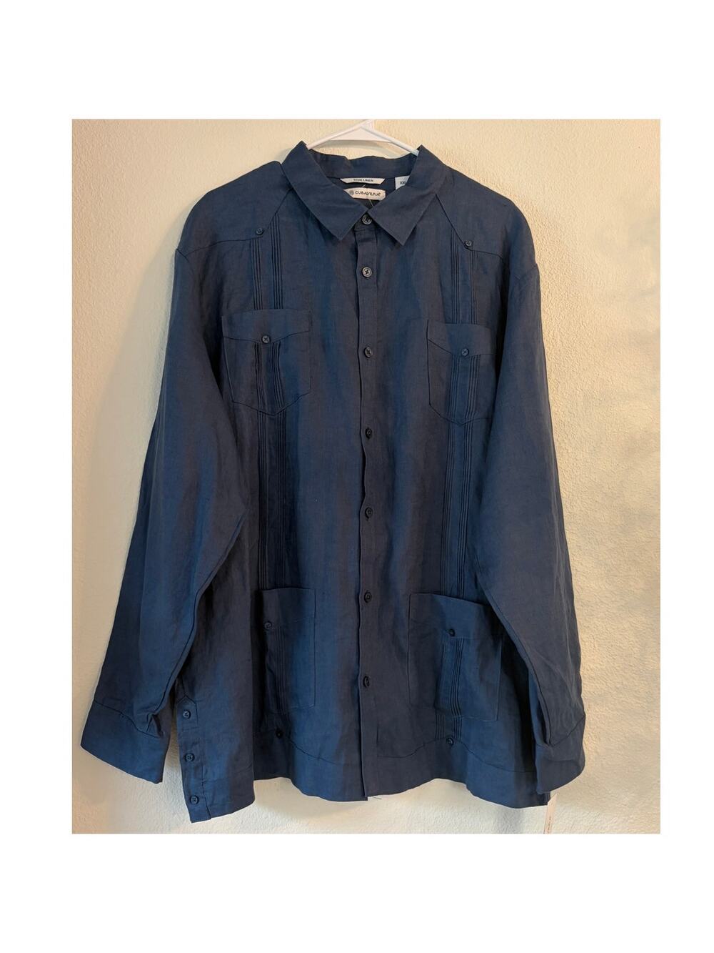 NWT Cubavera 100% Linen Guayabera Shirt XXL Ensign Blue Long Sleeve MSRP $115